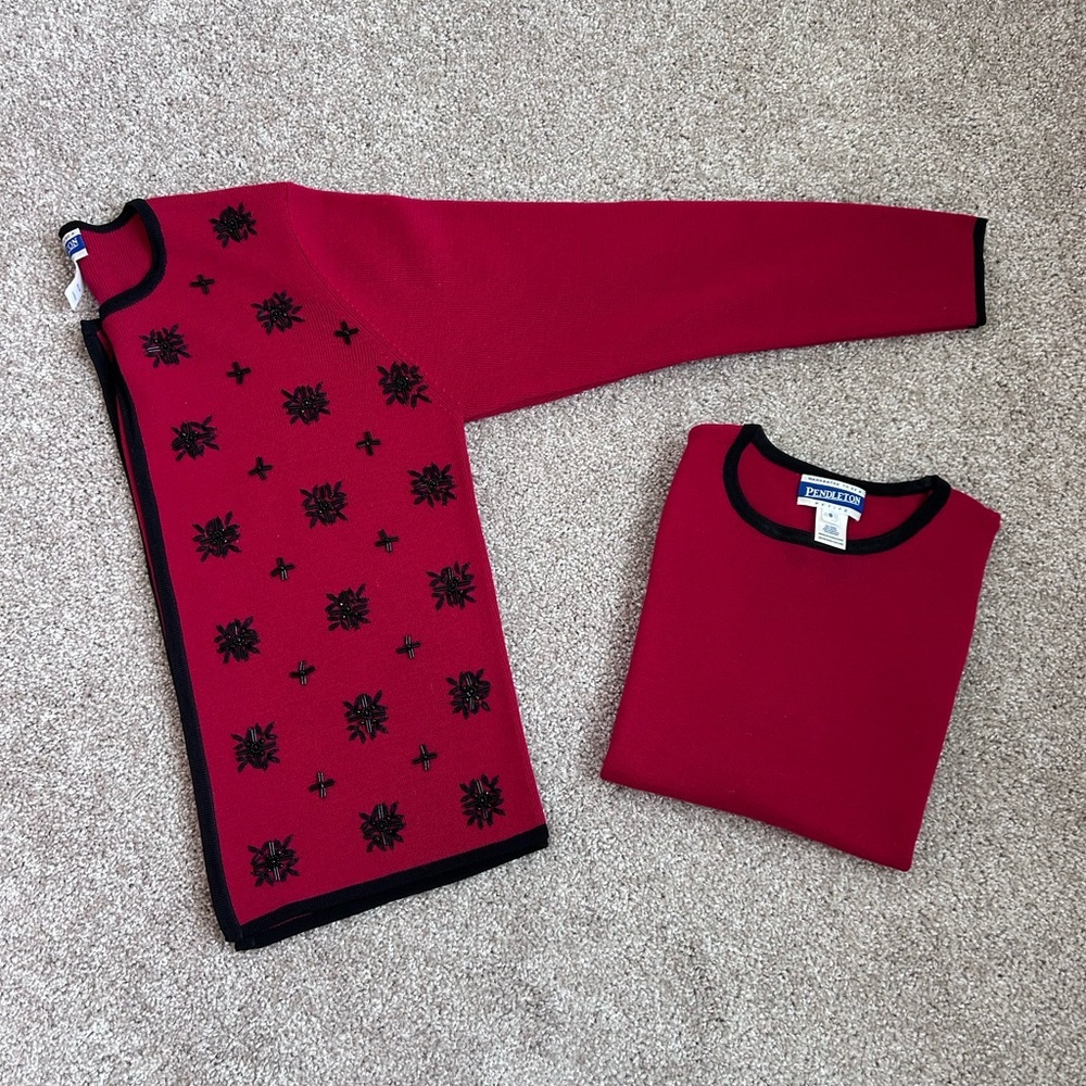 Women’s Vintage Pendalton Red Long Sleeve Sweater Set Wool Blend with Beading - Picture 11 of 12